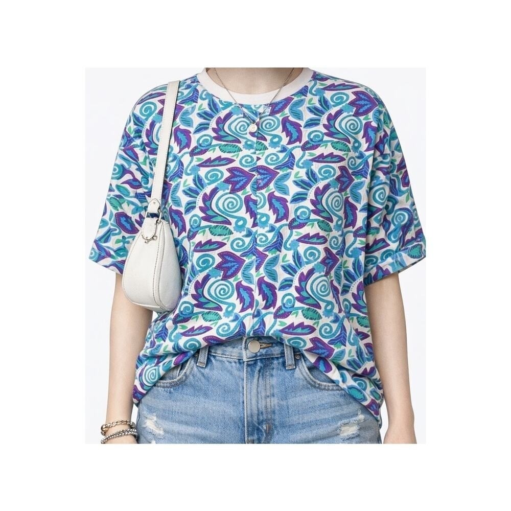 Gitano Vintage 90s Abstract T-Shirt Blue Large Boho‎ Retro Casual Festival Tee